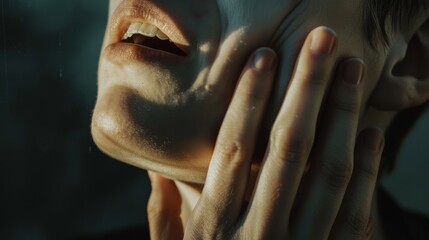 Obraz premium A close-up view of a person's face with expressive contours, emphasizing their deep emotional expression in soft light.