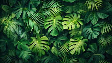 Pattern of tropical leaves with a gradient of green shades creating a lush background