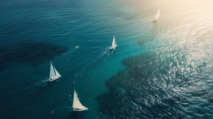 Aerial view of sailboats gliding gracefully across the deep, azure ocean, leaving gentle trails in the water under the warm afternoon sun.
