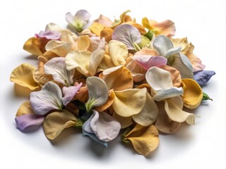 Delicate, pastel-hued sweet pea petals delicately scattered across a pristine white background, showcasing their intricate details and soft, romantic texture in perfect isolation.