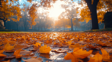 Beautiful autumn landscape. Colorful maple leaves on the ground. Defocused image, bokeh background.