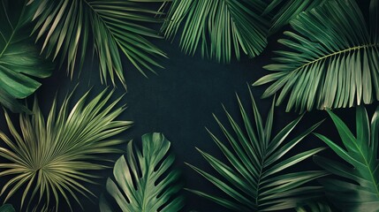 Seamless pattern of palm leaves with a mix of light and dark green tones on a dark background