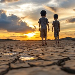 Climate Change, Two Asian Boys Walking and Searching for Water on Dry Ground at Sunset. Environment Conservation and Stop Global Warming Concept