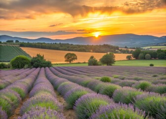Vibrant orange and pink hues illuminate the serene landscape of a blooming lavender field in Provence, France, as the sun sets behind the rolling hills.