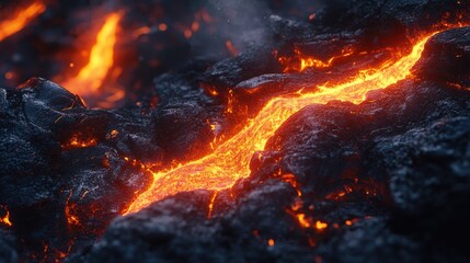 Fototapeta premium Close-up of molten lava flowing over blackened rocks, with glowing cracks and steam rising into the night air.