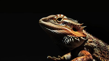 Fototapeta premium A bearded dragon lizard stands against a black background, its intricate scales and intense gaze highlighted, showcasing the reptile's striking features.