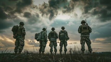 Soldiers stand united under a stormy sky, emphasizing camaraderie and resilience against a dramatic backdrop of dark clouds and fading light.