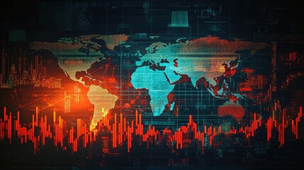 Financial crisis concept showing a world map with crashing stock markets and economic distress symbols.