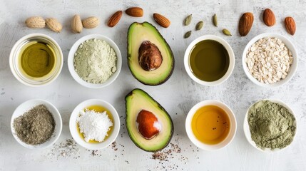 A flat lay of various natural ingredients arranged artfully on a white surface, featuring avocados, oils, and seeds in small bowls.