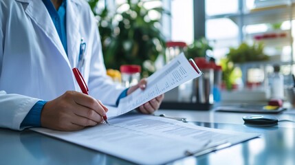 A close-up of a food regulatory consultant analyzing documents with a focus on compliance regulations and standards