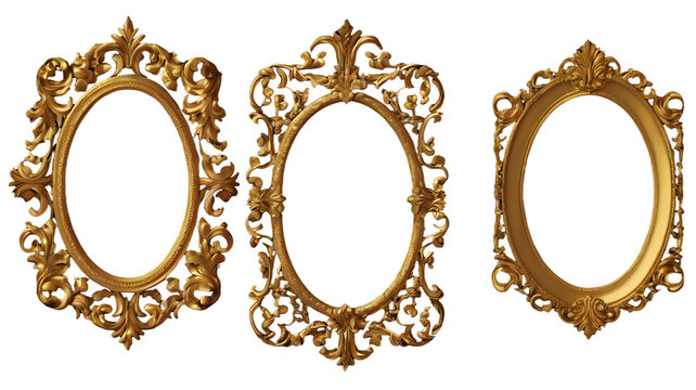 Oval Gold Frames, Intricate Details Vintage Mockup, Baroque Royal Style, Transparent Background.