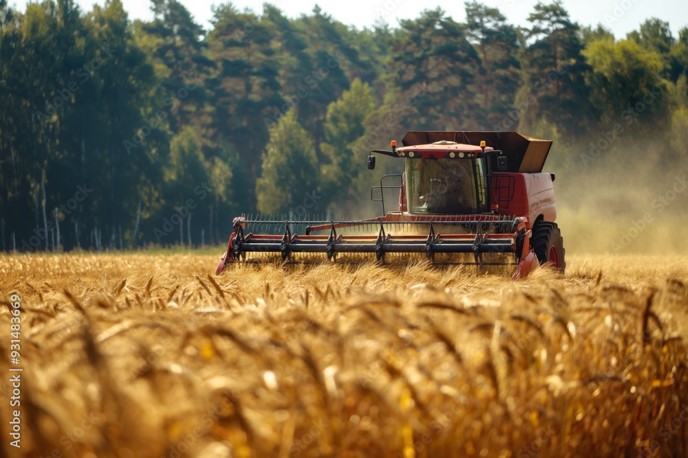 Poster a red tractor is in a field of wheat. the tractor is in the middle of the field and is surrounded by