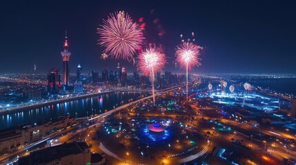 National Day in Kuwait, featuring the national flag, festive decorations, and fireworks lighting up the sky.