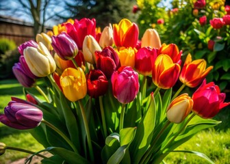 Fototapeta premium Vibrant bouquet of freshly picked tulips surrounded by lush green foliage in a sunny backyard garden, evoking a sense of springtime joy and innocence.