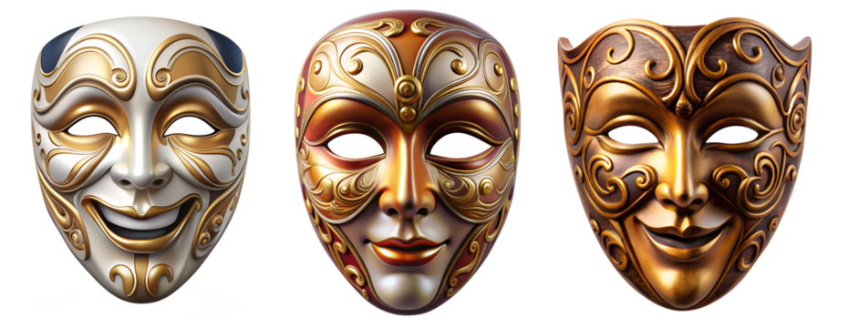 Nabob of theatrical, smiling masks on transparent background. The concept of play, laughter and theater.