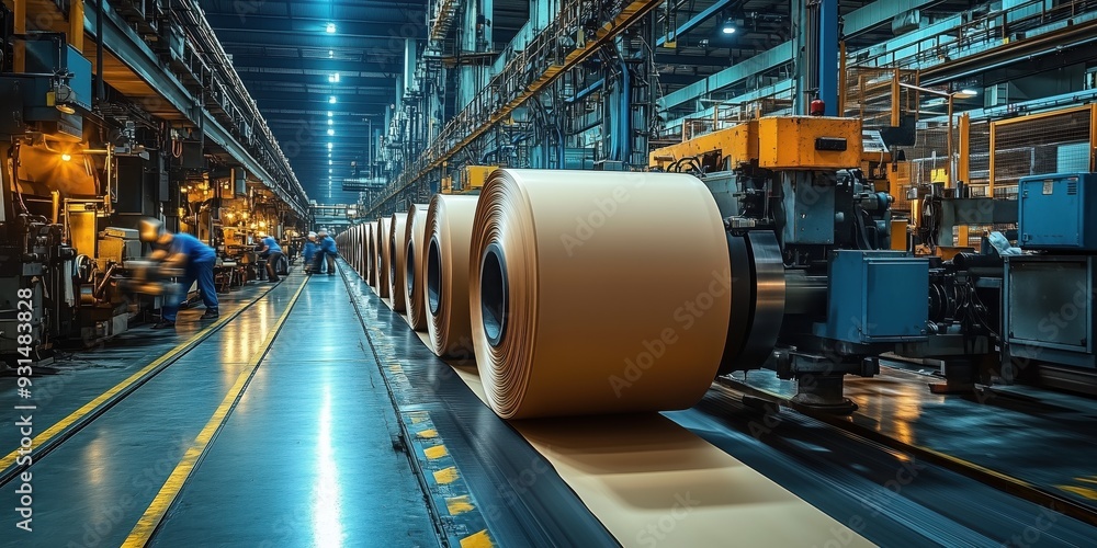 Poster row of large cardboard rolls in factory. multiple large rolls of cardboard lined up on a production 