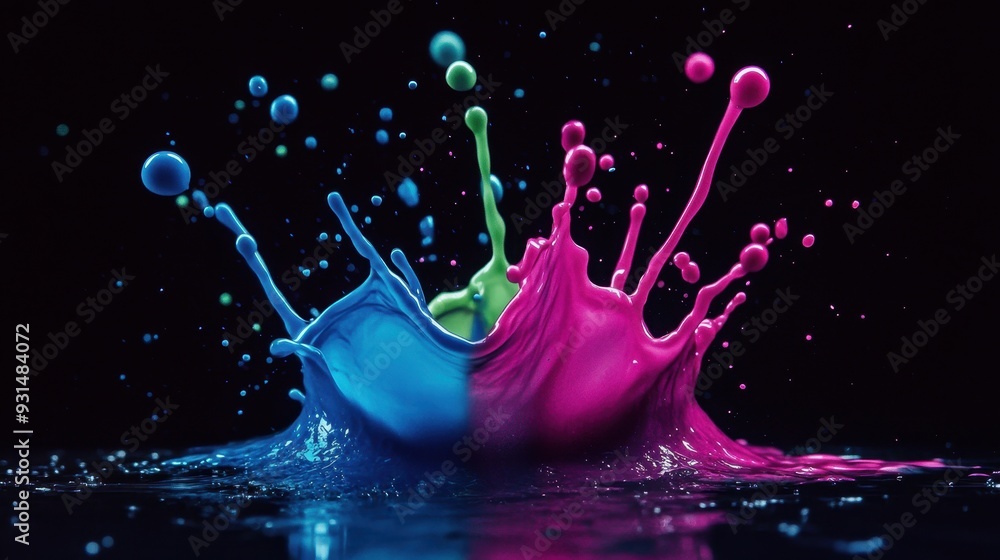 Poster colorful splashes of blue and pink paint create a dynamic visual effect.