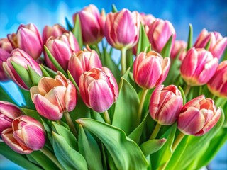 Obraz premium Vibrant pink tulips bloom in a lush bunch against a bright blue background, providing ample copy space for text or graphics in this spring-inspired image.