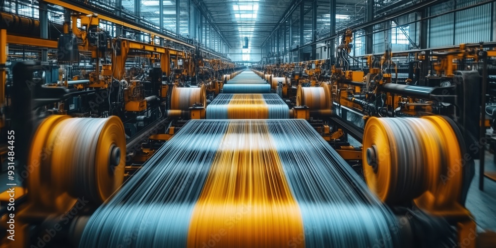 Poster automated textile production with multiple yarn spools. multiple spools of yarn being processed on a