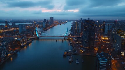 Obraz premium Rotterdam cityscape with the iconic Erasmus Bridge stretching across the Maas River, viewed from above at dusk.