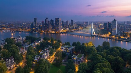 Obraz premium Rotterdam cityscape with the iconic Erasmus Bridge stretching across the Maas River, viewed from above at dusk.