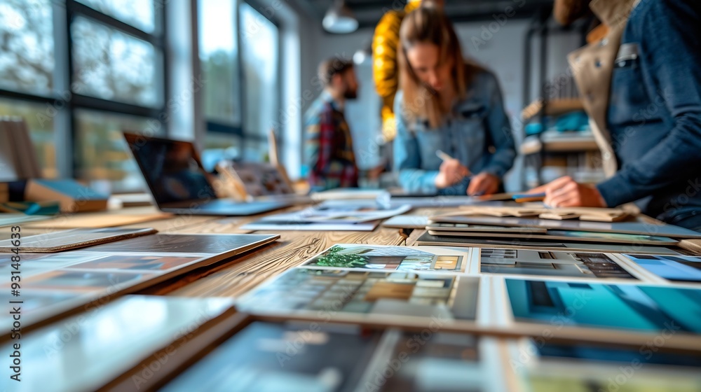 Poster group of interior architect designer team at table choosing various mood board samples with architec