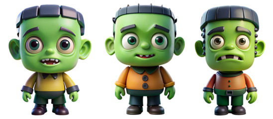 3d set of Frankinshine cartoon figures on transparent background. Concept of cartoons and children.