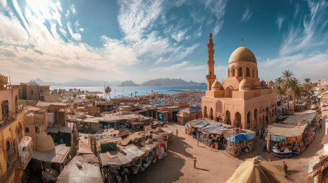 Sharm El Sheikh Old Market panorama, showcasing the Al Sahaba Mosque, market stalls, and the Red Sea beyond.