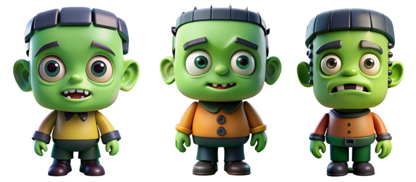 3d set of Frankinshine cartoon figures on transparent background. Concept of cartoons and children.
