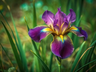 Vibrant purple iris flower blooming in a lush green meadow, with delicate petals and yellow accents, against a soft focus natural background. © Sirinporn