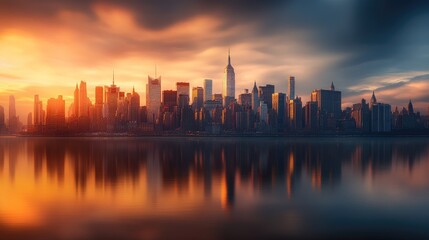 Obraz premium Sunset over New York City, with the golden light illuminating the skyline and the Hudson River reflecting the colors.