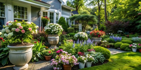 Obraz premium Vibrant spring and summer flowers fill a beautifully decorated backyard with colorful blooms, lush greenery, and elegant vases, perfect for home decor and garden inspiration.