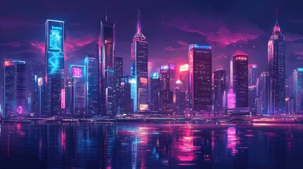 The glowing city skyline at night with towering skyscrapers, neon signs, and bright reflections on the river.