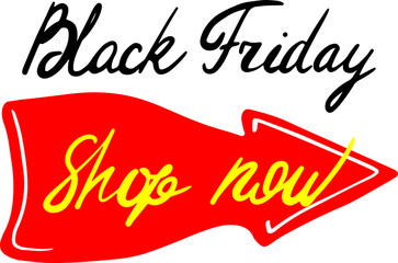 Vector abstract hand-drawn Black Friday advertisement tag banner with arrow and shop now text