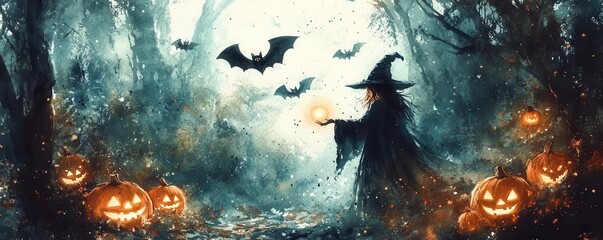 A witch summoning bats in a dark, enchanted forest, surrounded by glowing pumpkins and eerie shadows, watercolor style