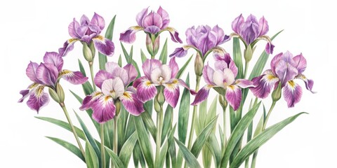 Obraz premium Delicate watercolor depiction of vibrant purple iris flowers with lush green leaves set against a crisp white background, evoking whimsy and serenity.