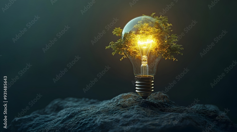Poster illuminating growth lightbulb powering a thriving tree a symbol of insight and progress