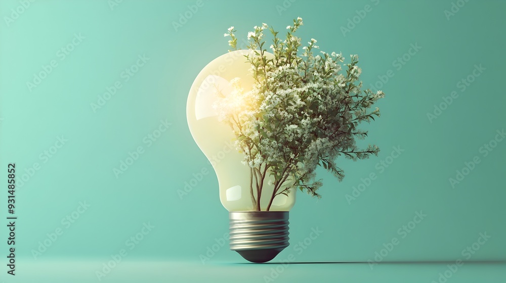Poster light bulb with flowing branches spreading innovative idea in flat design