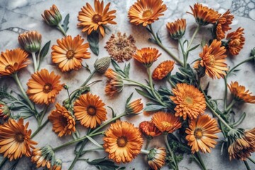 Vibrant orange calendula flowers isolated on white background, showcased in flat lay and top view, perfect for botanical and floral designs, beautifully captured in high-resolution PNG format.