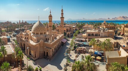 Widescreen panorama of Sharm El Sheikh Old Market, highlighting the majestic Al Sahaba Mosque and distant sea.