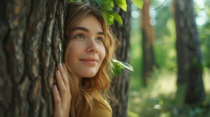 People and nature Human and environment concept Close up of woman hugging with love a green tree with musk Love nature save forests enjoy woods in outdoors leisure activity Colorful ve : Generative AI