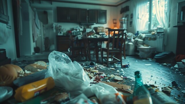 Garbage covered house apartment of alone woman with mental depresion having trash rubbish with no people in Unorganized empty living room of depressed person with scattered food mess d : Generative AI
