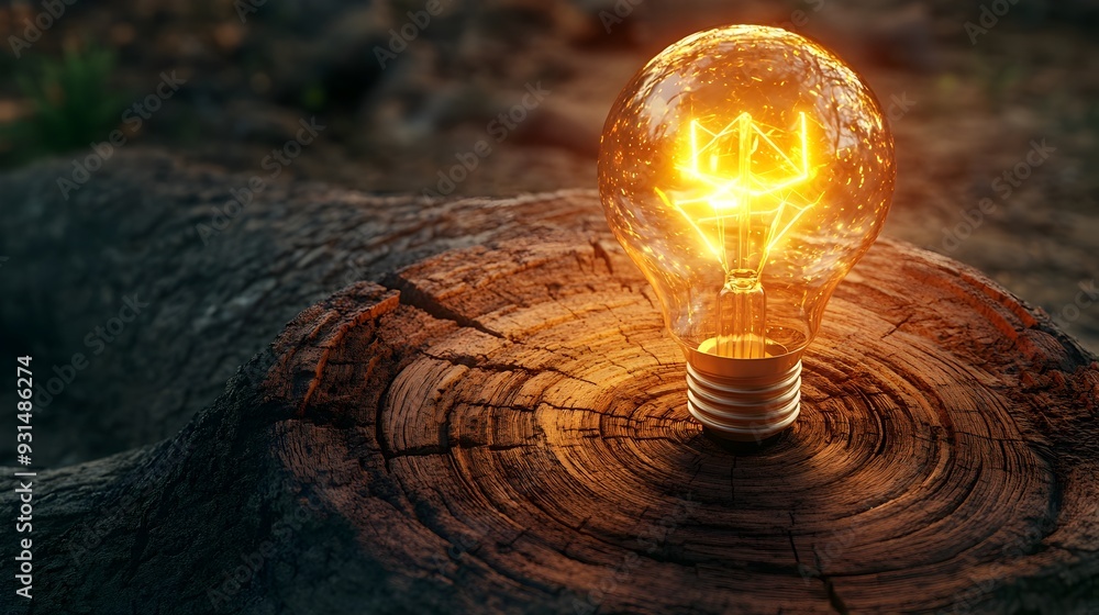Poster bright light bulb with tree rings illustrating ideas developing over time in flat design