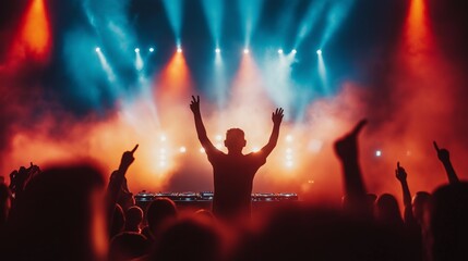 Fototapeta premium people having fun at rock concert, Live concert with bright stage lights and smoke, DJ performing