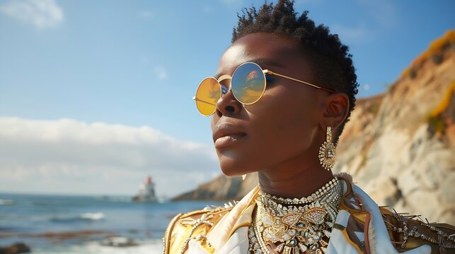 Outrageous black lgbtq person in luxury jewelry poses on scenic ocean beach Nonbinary ethnic fashion model in posh outfit stands gracefully at picturesque location near sea lighthouse  : Generative AI - Powered by Adobe