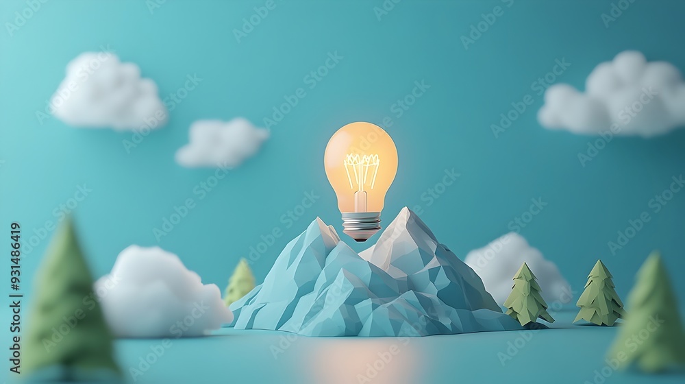 Poster illuminating mountain peak 3d rendered lightbulb symbolizing idea driven growth and success