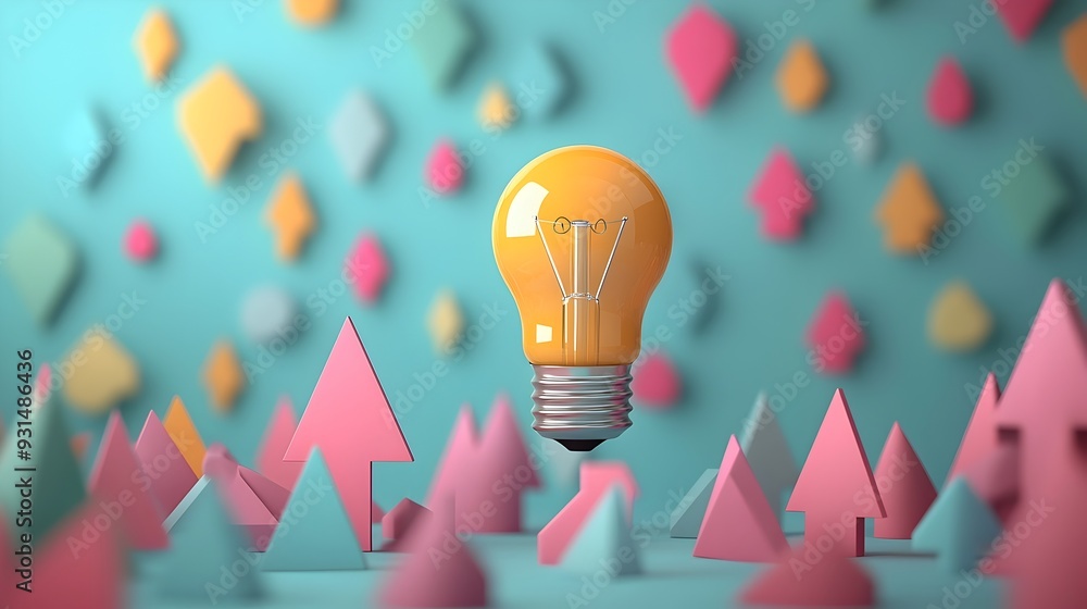 Poster 3d rendered light bulb surrounded by upward arrows symbolizing idea driven growth and progress
