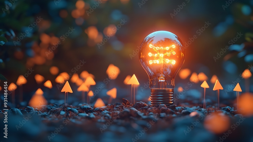 Poster upward arrows illuminating a 3d rendered light bulb symbolic of idea driven growth and progress