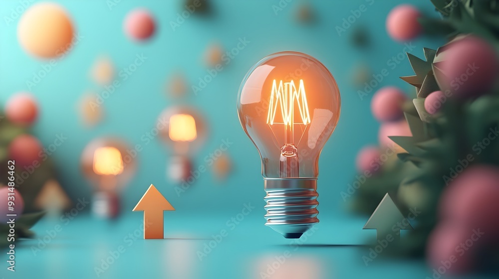 Poster upward arrows surrounding illuminating lightbulb for idea driven growth and progress