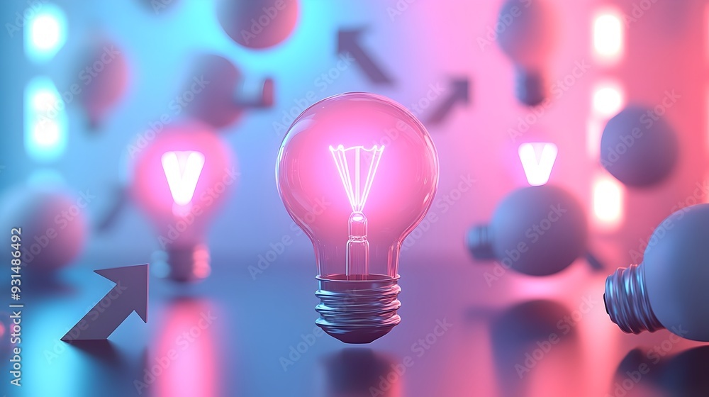Poster illuminating growth upward arrows surrounding a lightbulb symbolizing idea driven progress and advan